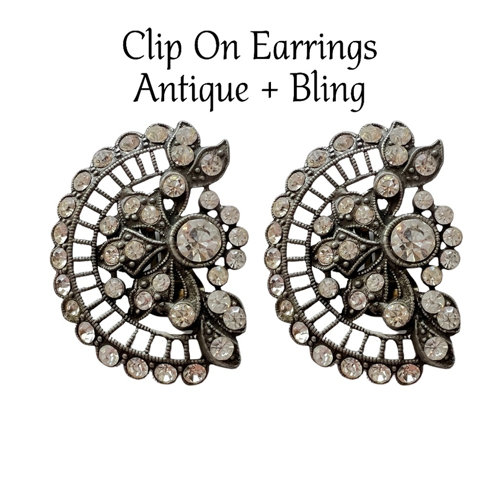Antique & Clear Crystal Fan Shaped Clip on Earrings - Picture 1 of 5